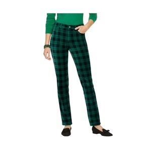 Talbots Women Pants Stretch Velveteen Straight Leg Plaid Trouser Green Black 14P